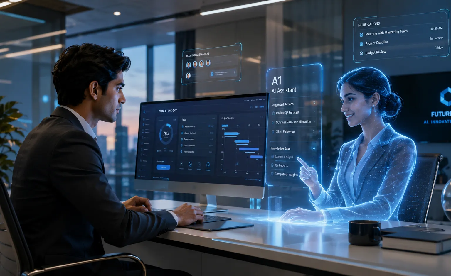 A futuristic office where humans and AI work side by side