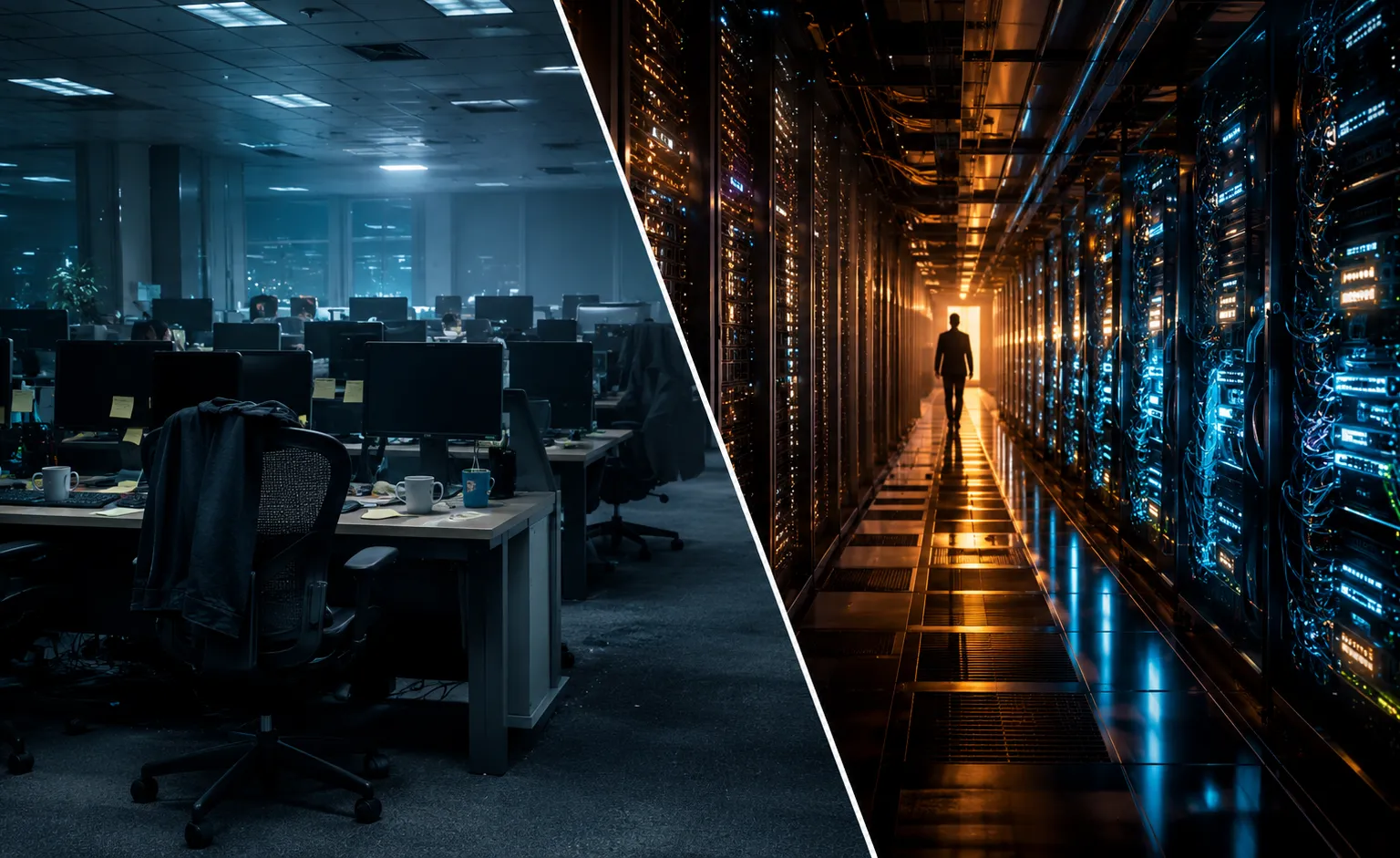 Empty office desks juxtaposed with glowing AI server racks