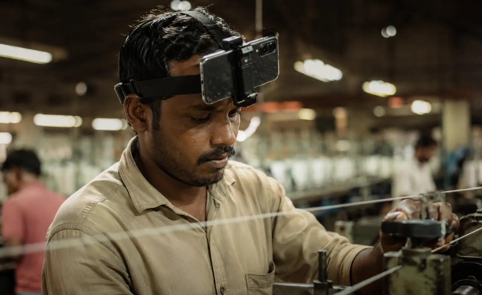 Indian factory workers wearing head-mounted cameras for AI training