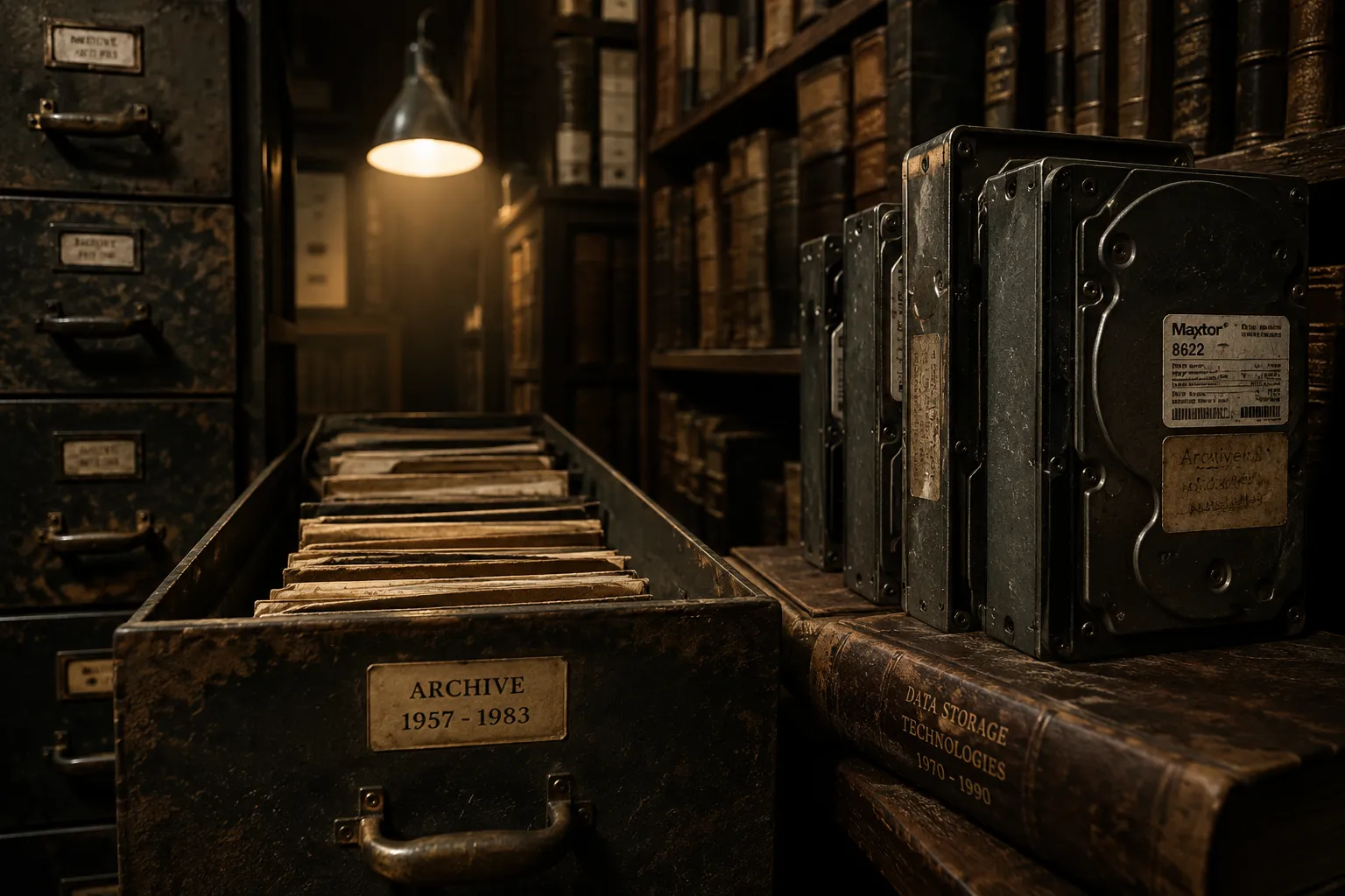 Vintage archive drawers and old hard drives in a dimly lit library vault